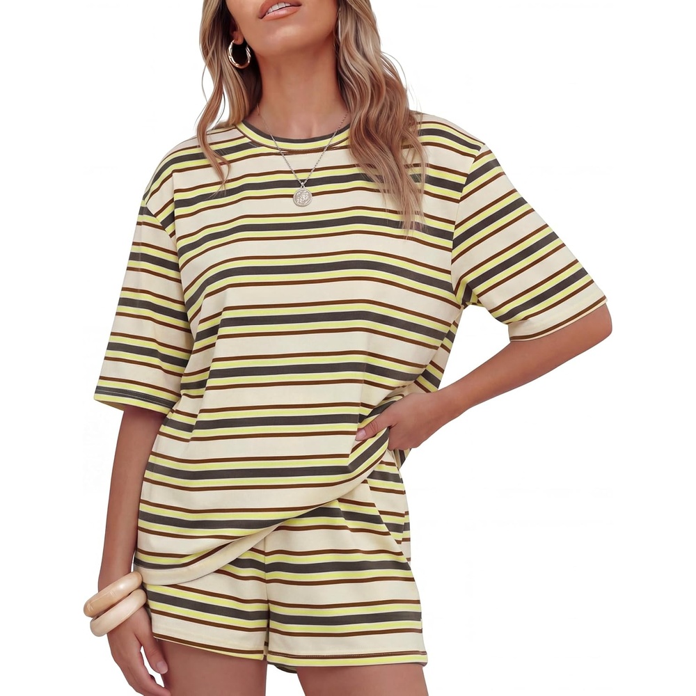 image:imageZESICA Womens Summer 2 Piece Short Sets Striped Loose Fit Matching Lounge Airport Travel Workout Beach Vacation OutfitsYellow