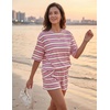 ZESICA Womens Summer 2 Piece Short Sets Striped Loose Fit Matching Lounge Airport Travel Workout Beach Vacation Outfits(Purple)