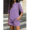 ZESICA Womens Summer 2 Piece Short Sets Striped Loose Fit Matching Lounge Airport Travel Workout Beach Vacation Outfits(Rose)