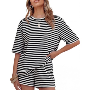 ZESICA Womens Summer 2 Piece Short Sets Striped Loose Fit Matching Lounge Airport Travel Workout Beach Vacation Outfits(Black)