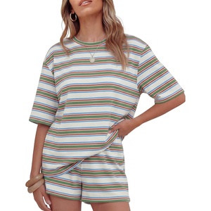 ZESICA Womens Summer 2 Piece Short Sets Striped Loose Fit Matching Lounge Airport Travel Workout Beach Vacation Outfits(Green)