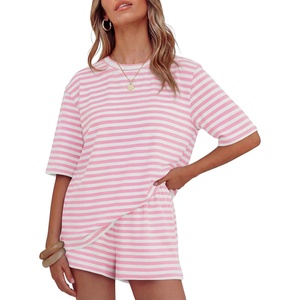 ZESICA Womens Summer 2 Piece Short Sets Striped Loose Fit Matching Lounge Airport Travel Workout Beach Vacation Outfits(Pink)