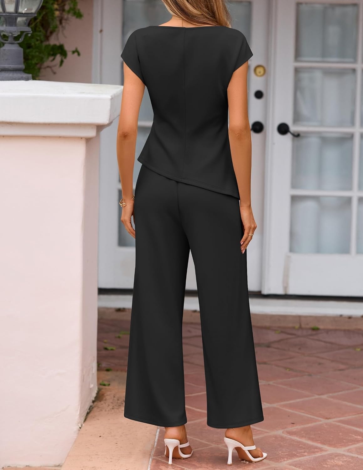 image:imageZESICA Womens 2026 Summer 2 Piece Outfit Sets Casual Short Sleeve Knit Belted Tops and Wide Leg Pants Work Office ClothesDim