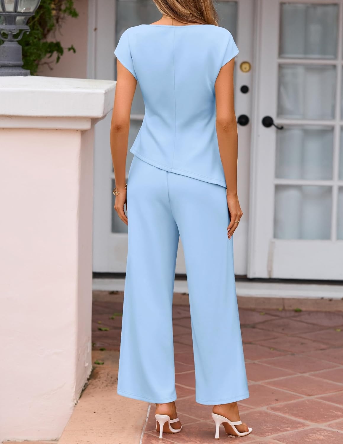 image:imageZESICA Womens 2026 Summer 2 Piece Outfit Sets Casual Short Sleeve Knit Belted Tops and Wide Leg Pants Work Office ClothesSky
