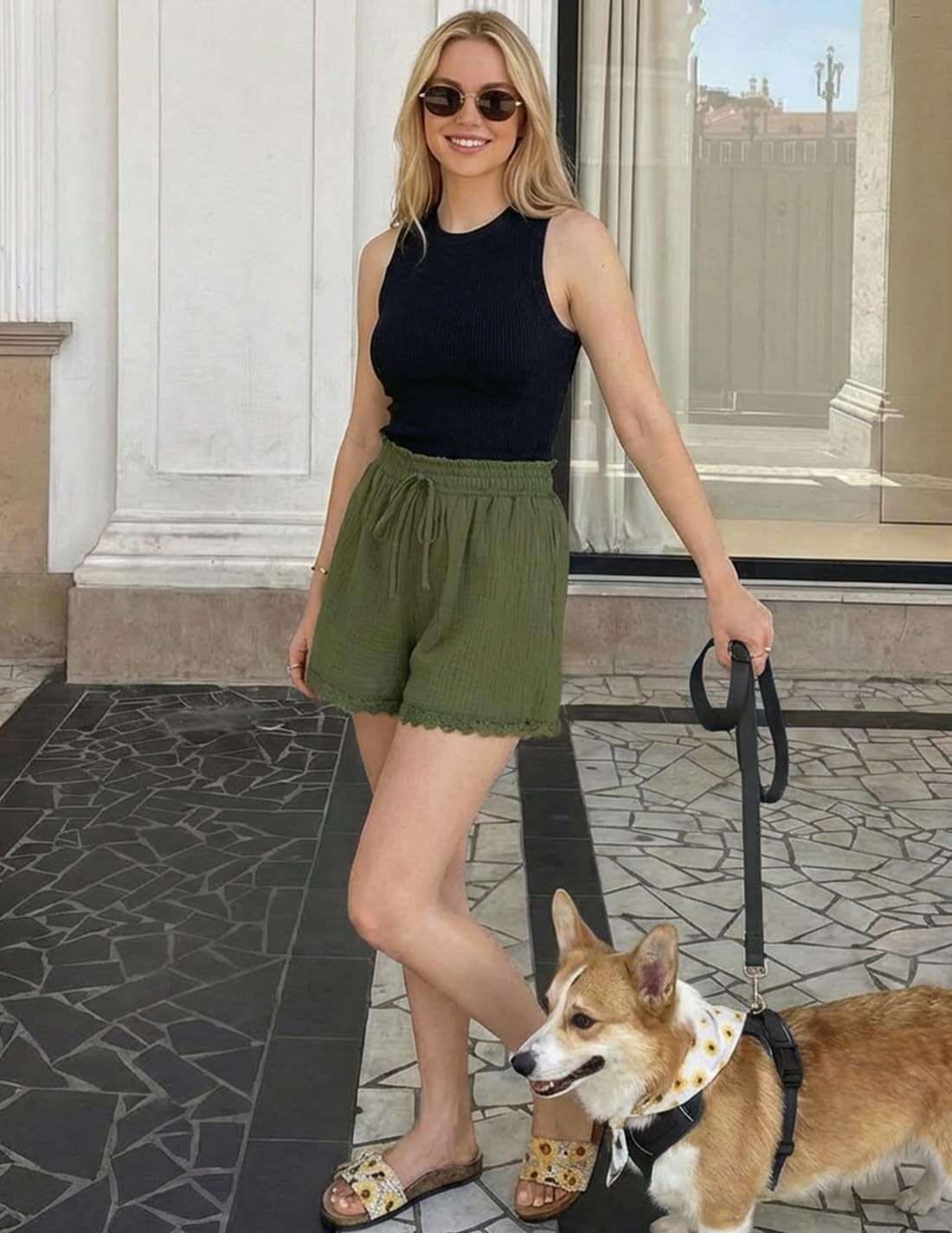 image:imageZESICA Womens Summer Beach Vacation Shorts 2026 Cute Elastic Drawstring Waist Lace Trim Wide Leg Shorts with PocketsArmy Green
