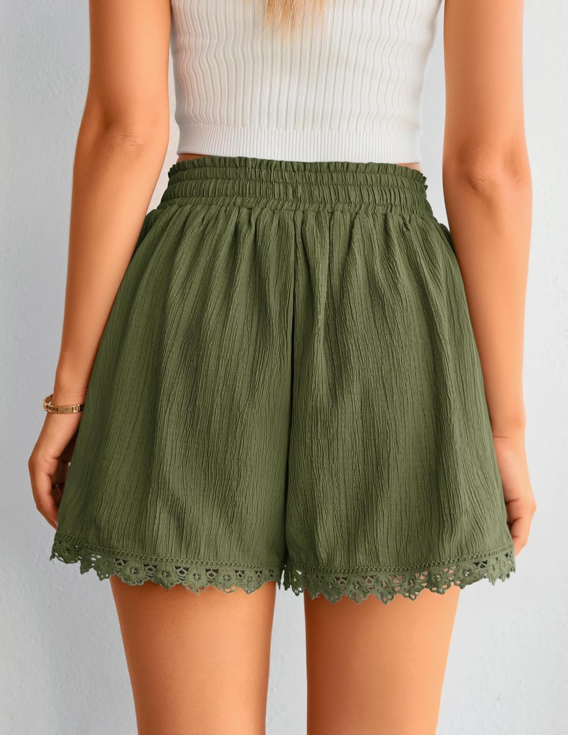 image:imageZESICA Womens Summer Beach Vacation Shorts 2026 Cute Elastic Drawstring Waist Lace Trim Wide Leg Shorts with PocketsArmy Green