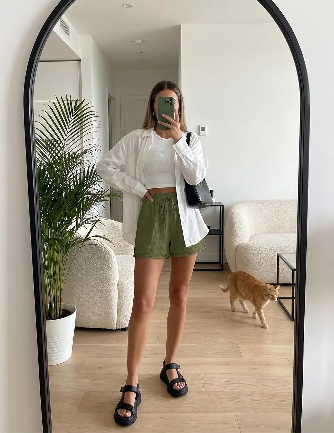 image:imageZESICA Womens Summer Beach Vacation Shorts 2026 Cute Elastic Drawstring Waist Lace Trim Wide Leg Shorts with PocketsArmy Green