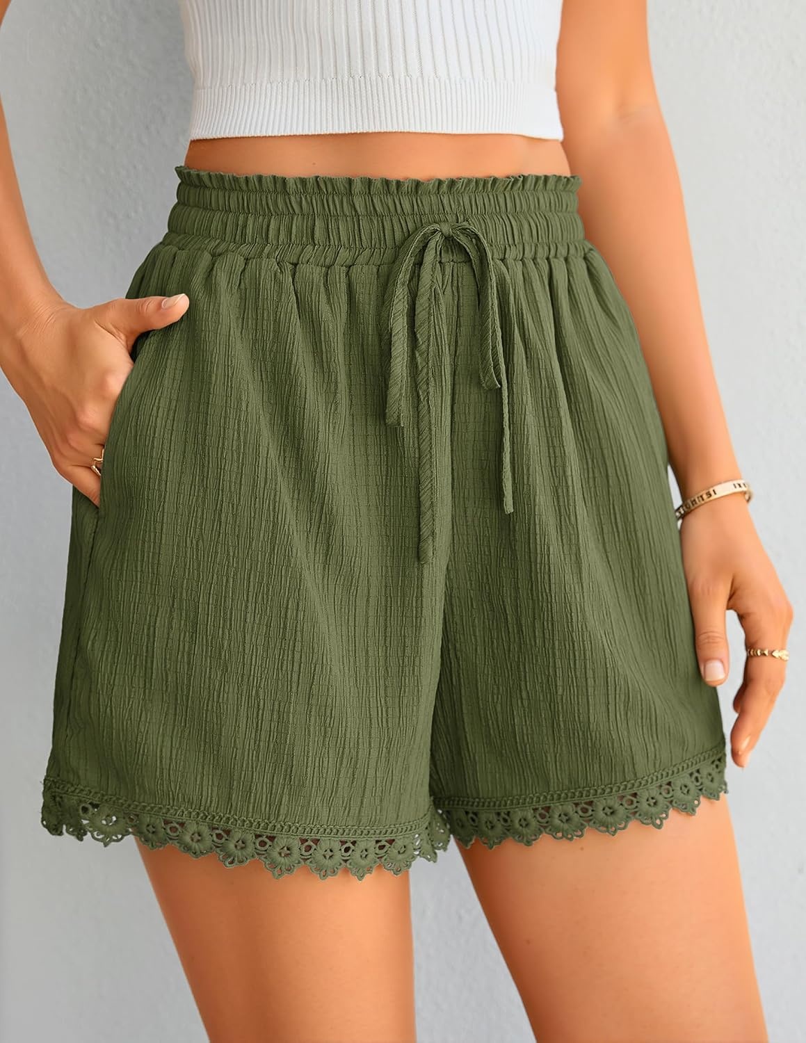 image:imageZESICA Womens Summer Beach Vacation Shorts 2026 Cute Elastic Drawstring Waist Lace Trim Wide Leg Shorts with PocketsArmy Green