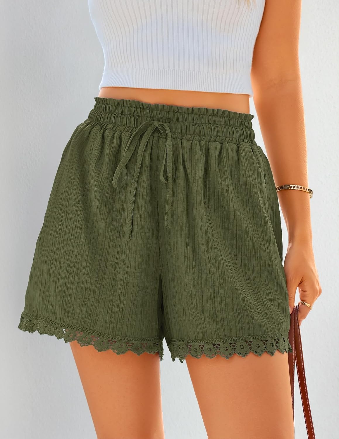 image:imageZESICA Womens Summer Beach Vacation Shorts 2026 Cute Elastic Drawstring Waist Lace Trim Wide Leg Shorts with PocketsArmy Green