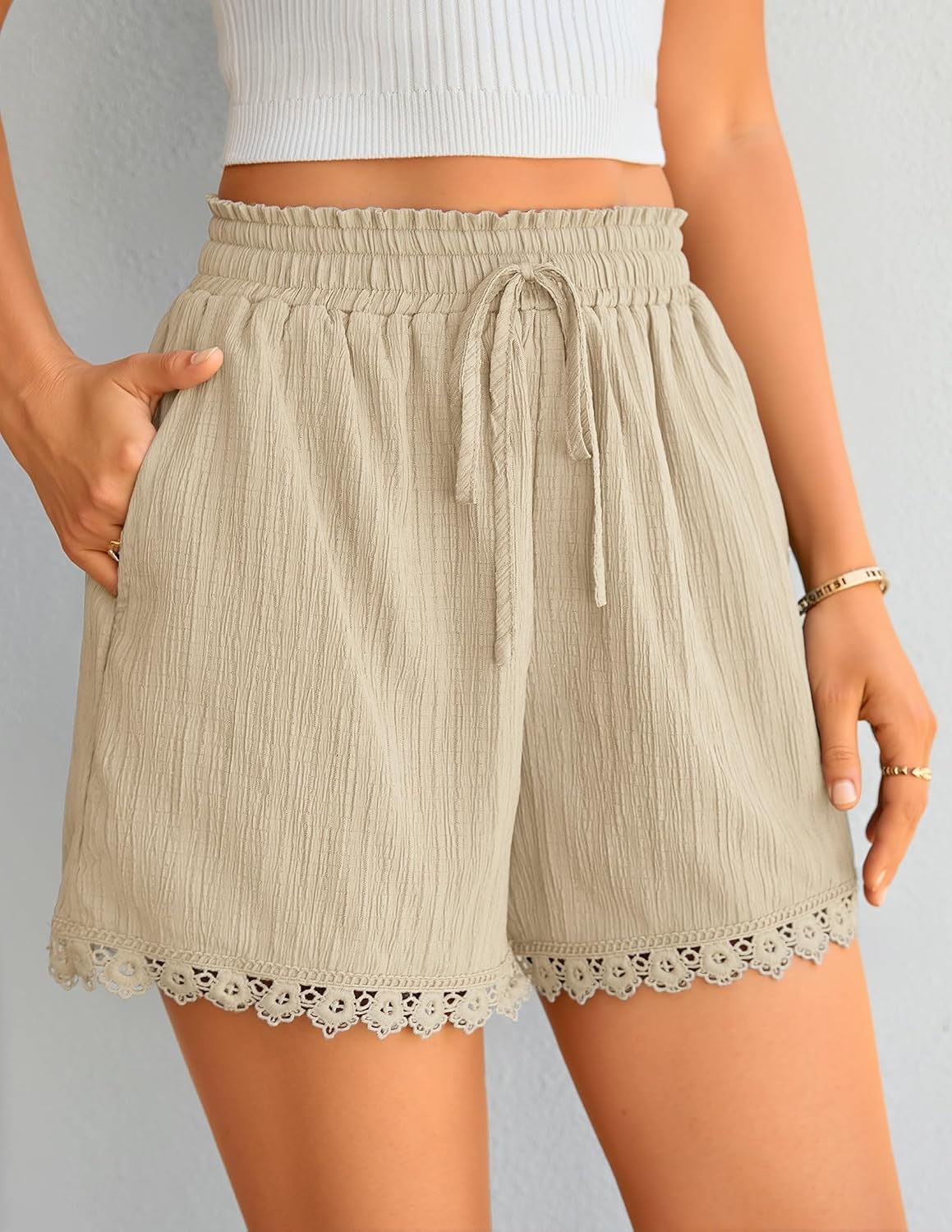 image:imageZESICA Womens Summer Beach Vacation Shorts 2026 Cute Elastic Drawstring Waist Lace Trim Wide Leg Shorts with PocketsBeige