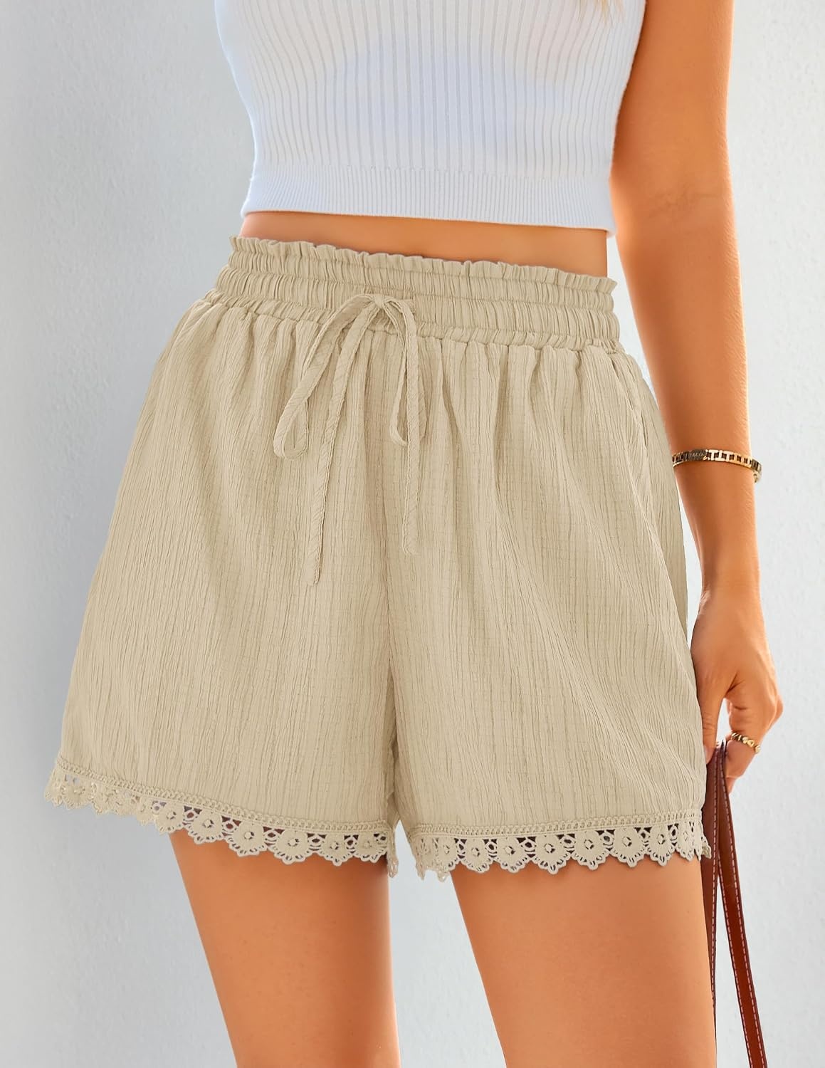image:imageZESICA Womens Summer Beach Vacation Shorts 2026 Cute Elastic Drawstring Waist Lace Trim Wide Leg Shorts with PocketsBeige