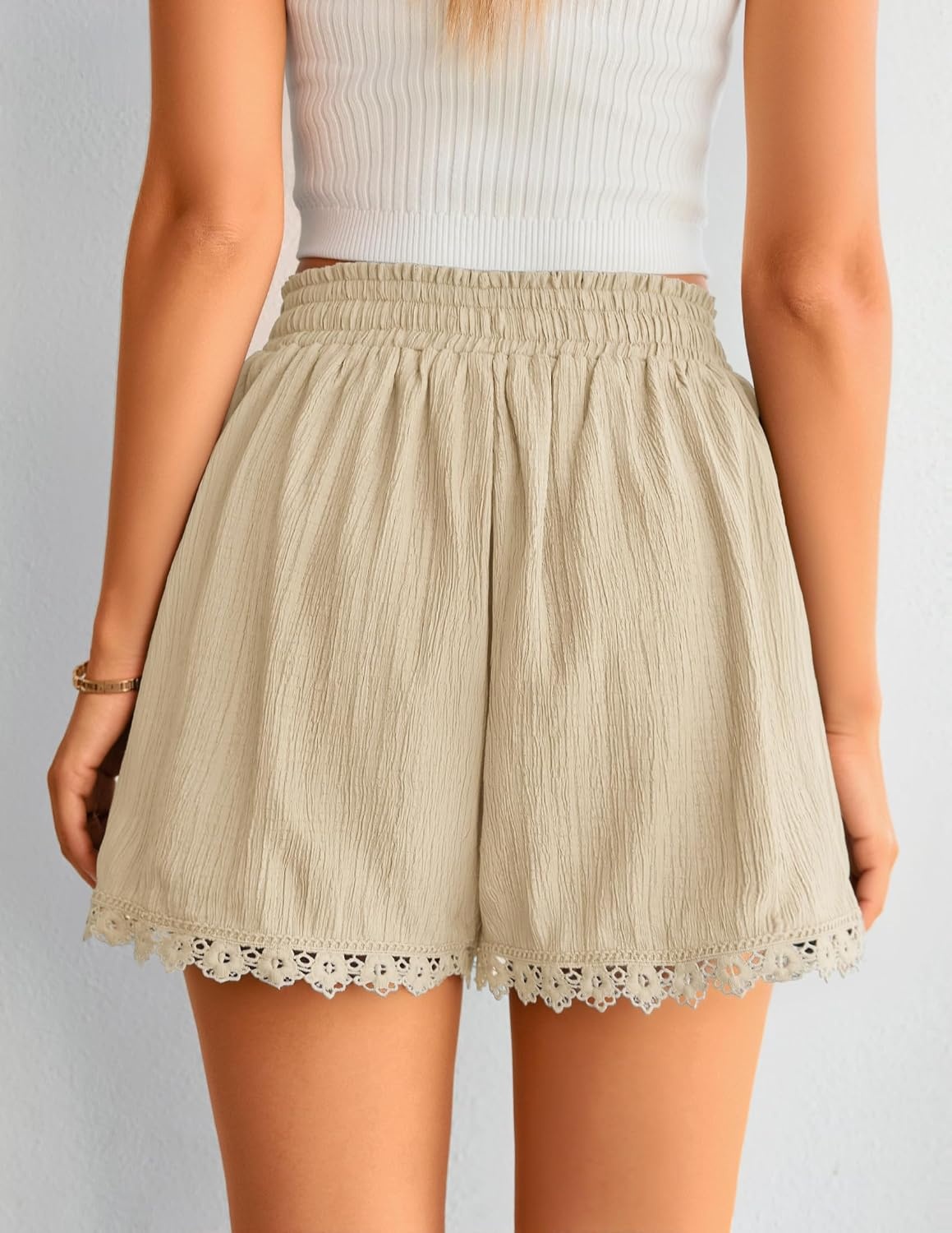 image:imageZESICA Womens Summer Beach Vacation Shorts 2026 Cute Elastic Drawstring Waist Lace Trim Wide Leg Shorts with PocketsBeige