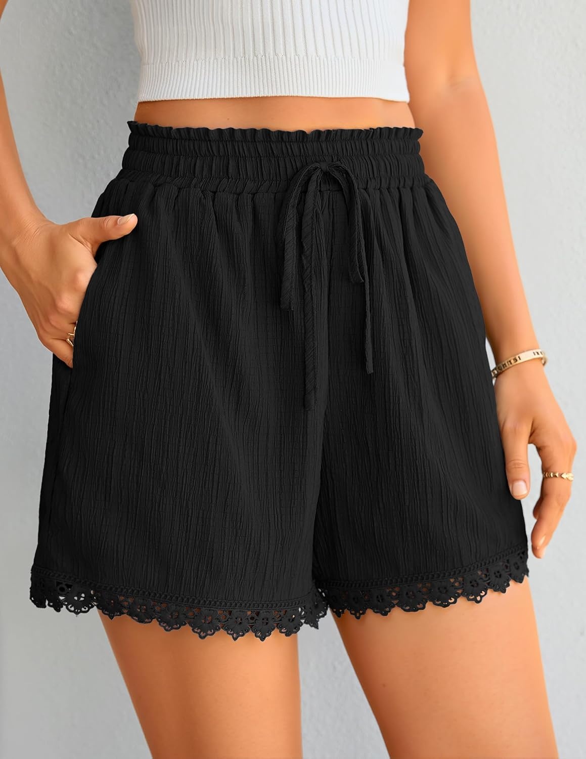 image:imageZESICA Womens Summer Beach Vacation Shorts 2026 Cute Elastic Drawstring Waist Lace Trim Wide Leg Shorts with PocketsBlack