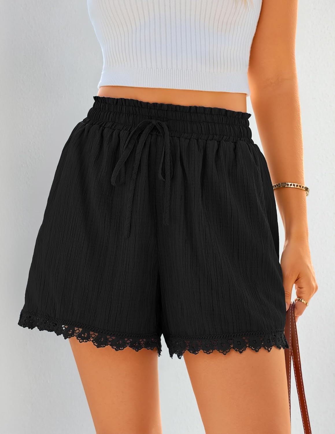 image:imageZESICA Womens Summer Beach Vacation Shorts 2026 Cute Elastic Drawstring Waist Lace Trim Wide Leg Shorts with PocketsBlack