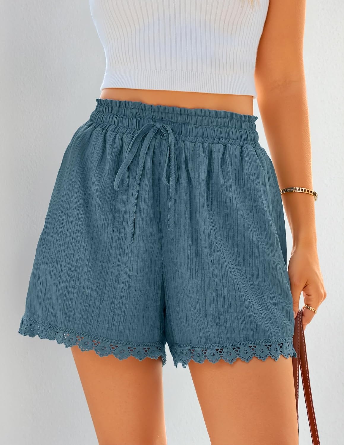 image:imageZESICA Womens Summer Beach Vacation Shorts 2026 Cute Elastic Drawstring Waist Lace Trim Wide Leg Shorts with PocketsBlue