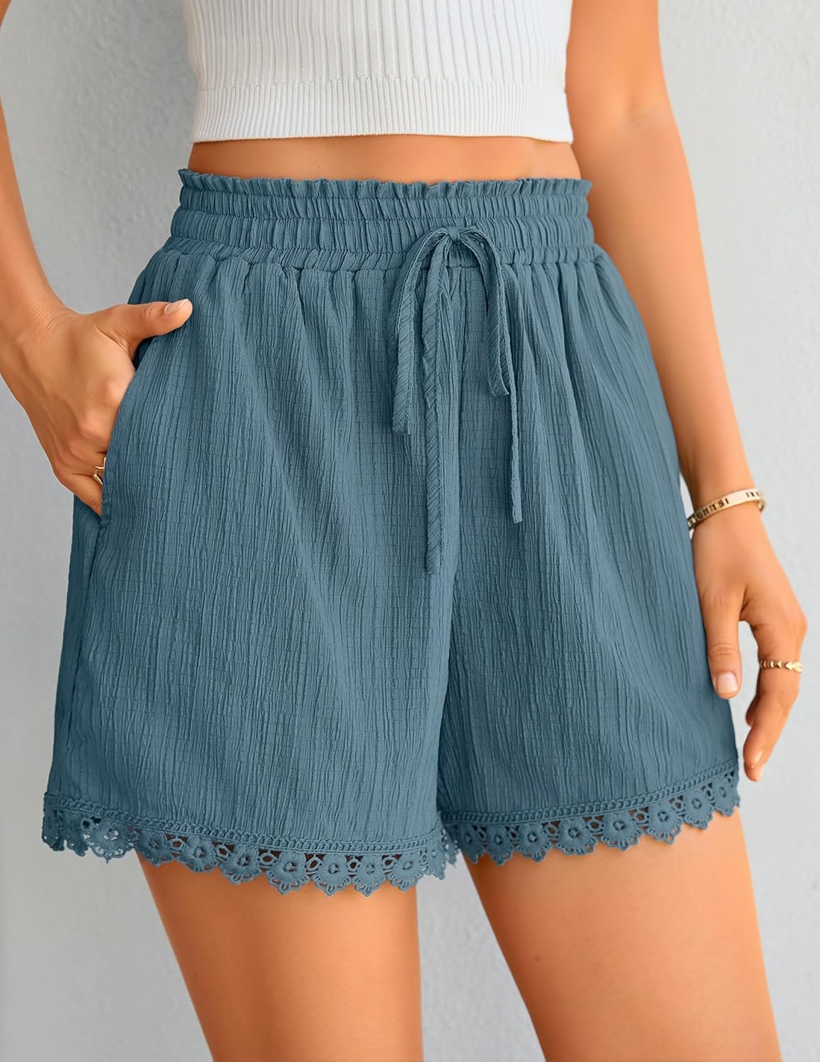 image:imageZESICA Womens Summer Beach Vacation Shorts 2026 Cute Elastic Drawstring Waist Lace Trim Wide Leg Shorts with PocketsBlue