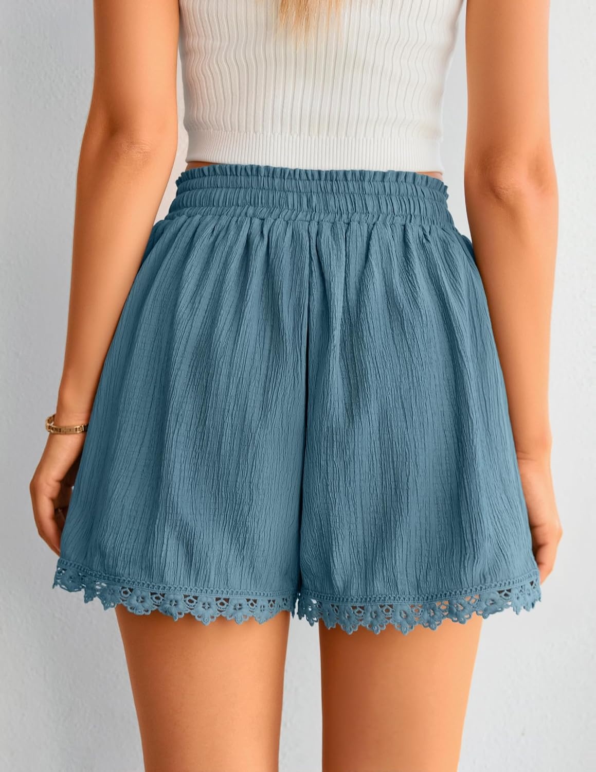 image:imageZESICA Womens Summer Beach Vacation Shorts 2026 Cute Elastic Drawstring Waist Lace Trim Wide Leg Shorts with PocketsBlue