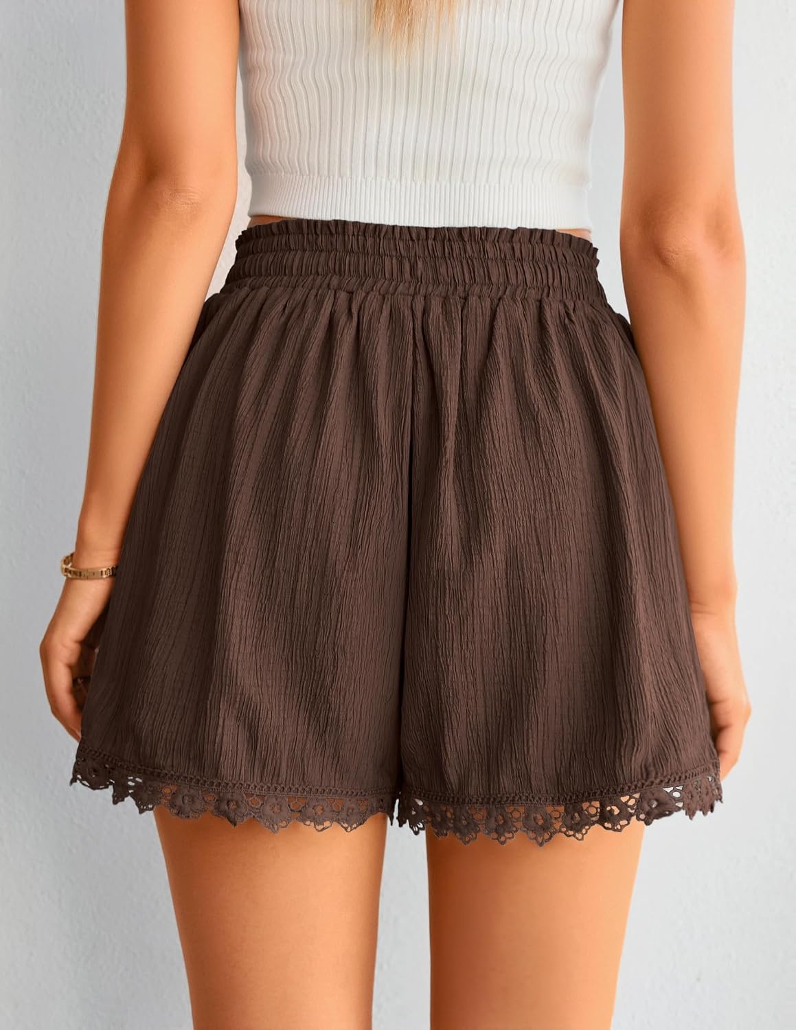 image:imageZESICA Womens Summer Beach Vacation Shorts 2026 Cute Elastic Drawstring Waist Lace Trim Wide Leg Shorts with PocketsBrown