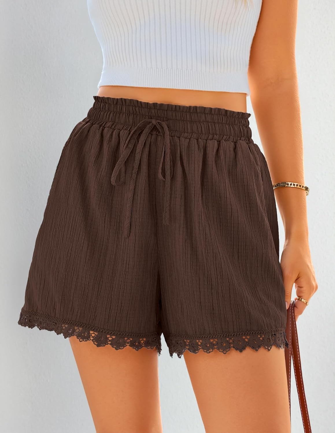 image:imageZESICA Womens Summer Beach Vacation Shorts 2026 Cute Elastic Drawstring Waist Lace Trim Wide Leg Shorts with PocketsBrown