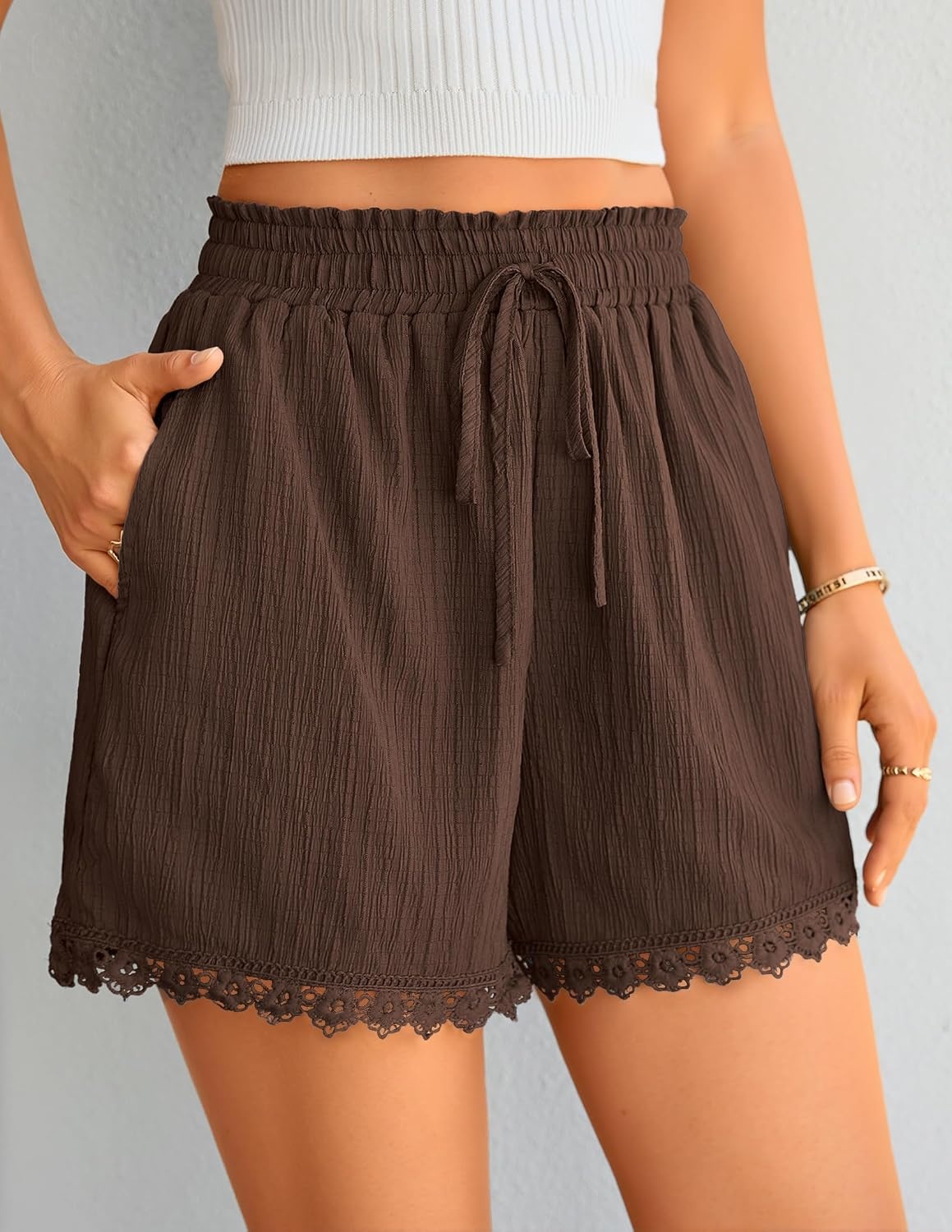 image:imageZESICA Womens Summer Beach Vacation Shorts 2026 Cute Elastic Drawstring Waist Lace Trim Wide Leg Shorts with PocketsBrown