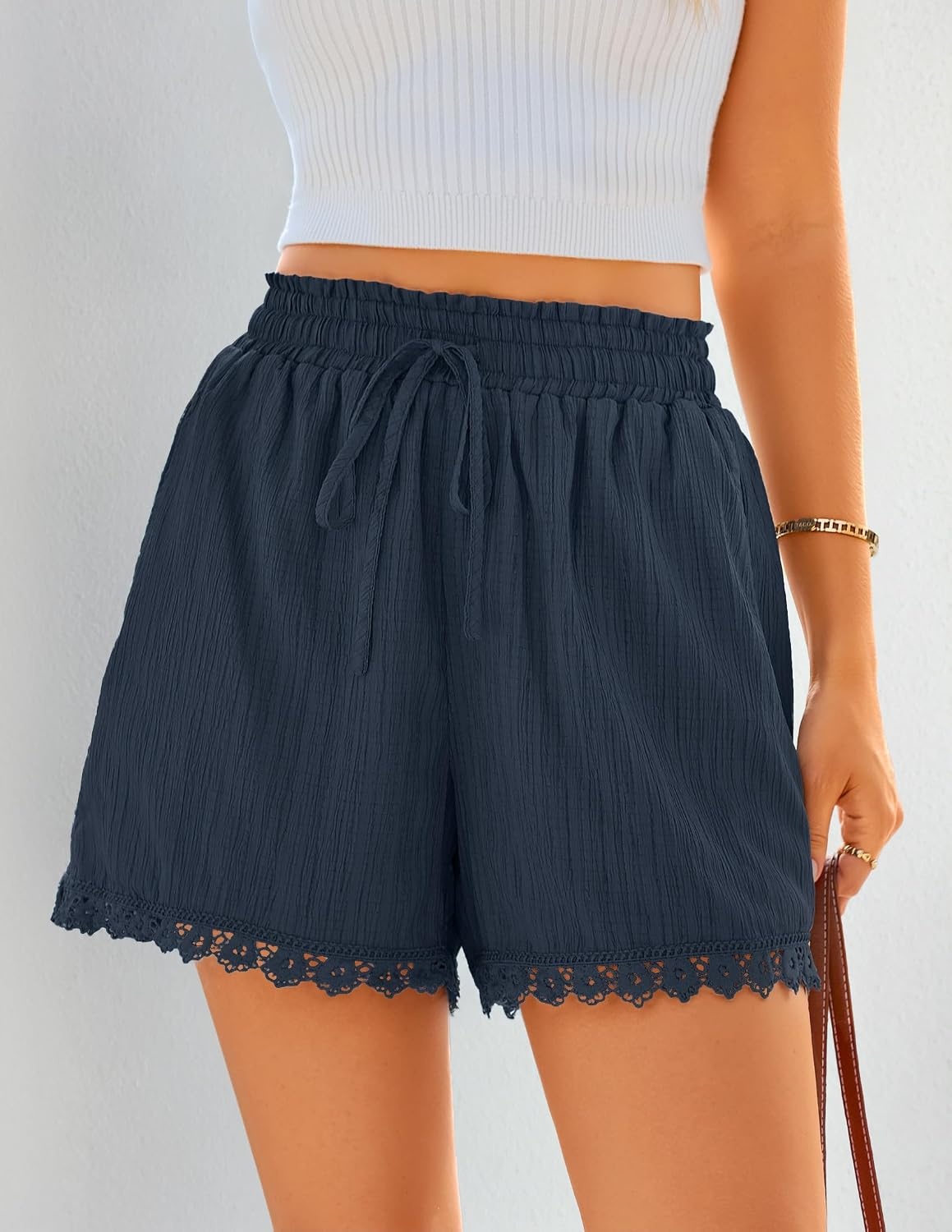 image:imageZESICA Womens Summer Beach Vacation Shorts 2026 Cute Elastic Drawstring Waist Lace Trim Wide Leg Shorts with PocketsNavy