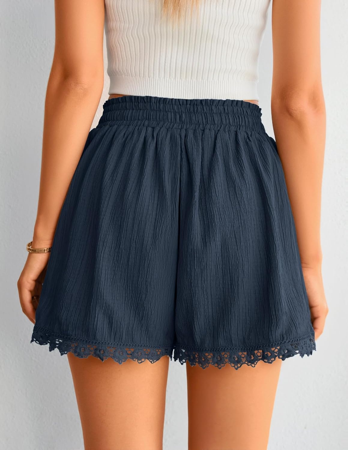 image:imageZESICA Womens Summer Beach Vacation Shorts 2026 Cute Elastic Drawstring Waist Lace Trim Wide Leg Shorts with PocketsNavy