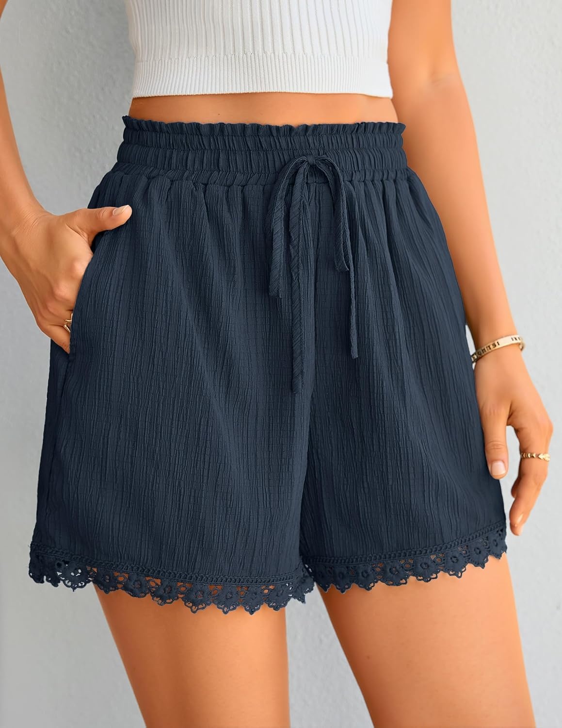 image:imageZESICA Womens Summer Beach Vacation Shorts 2026 Cute Elastic Drawstring Waist Lace Trim Wide Leg Shorts with PocketsNavy