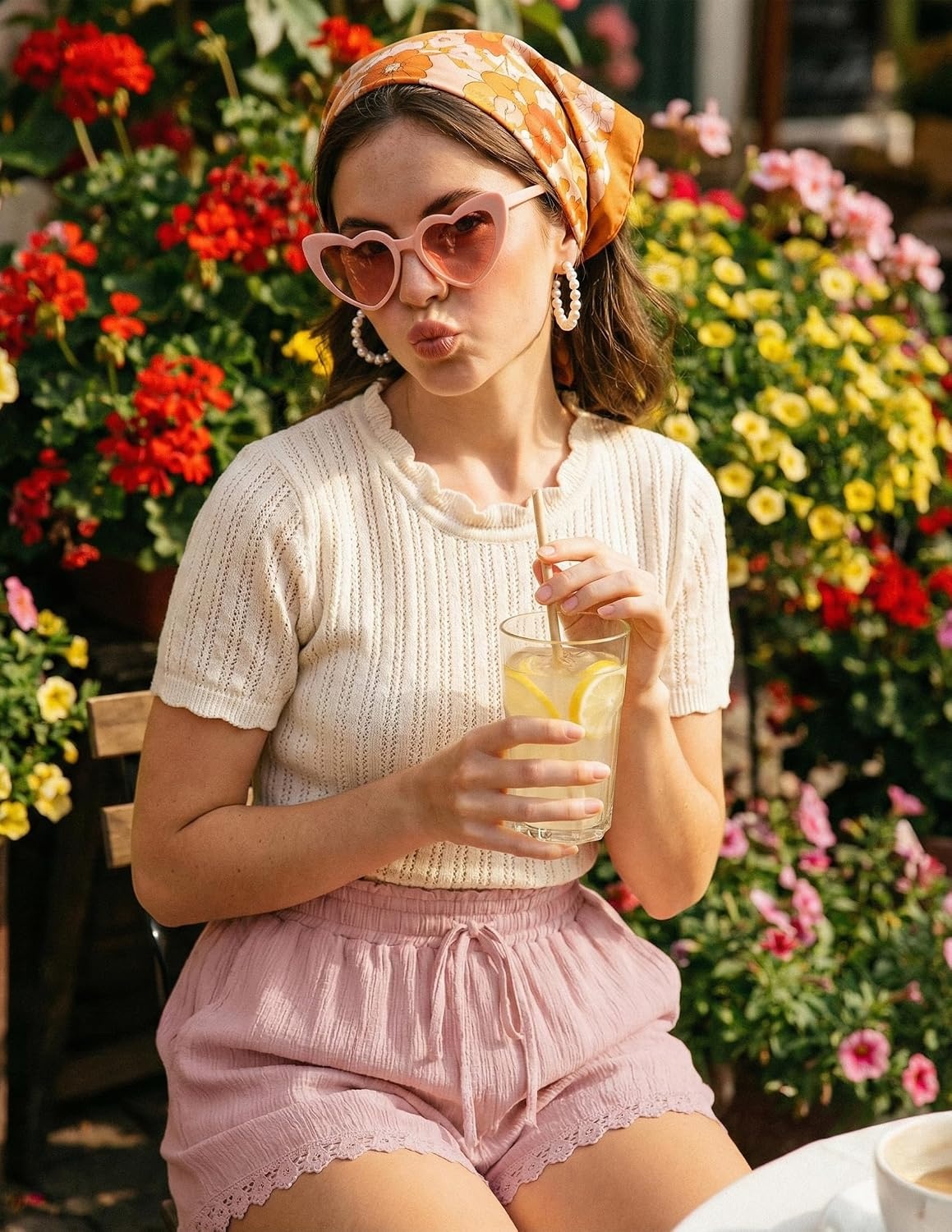 image:imageZESICA Womens Summer Beach Vacation Shorts 2026 Cute Elastic Drawstring Waist Lace Trim Wide Leg Shorts with PocketsPink