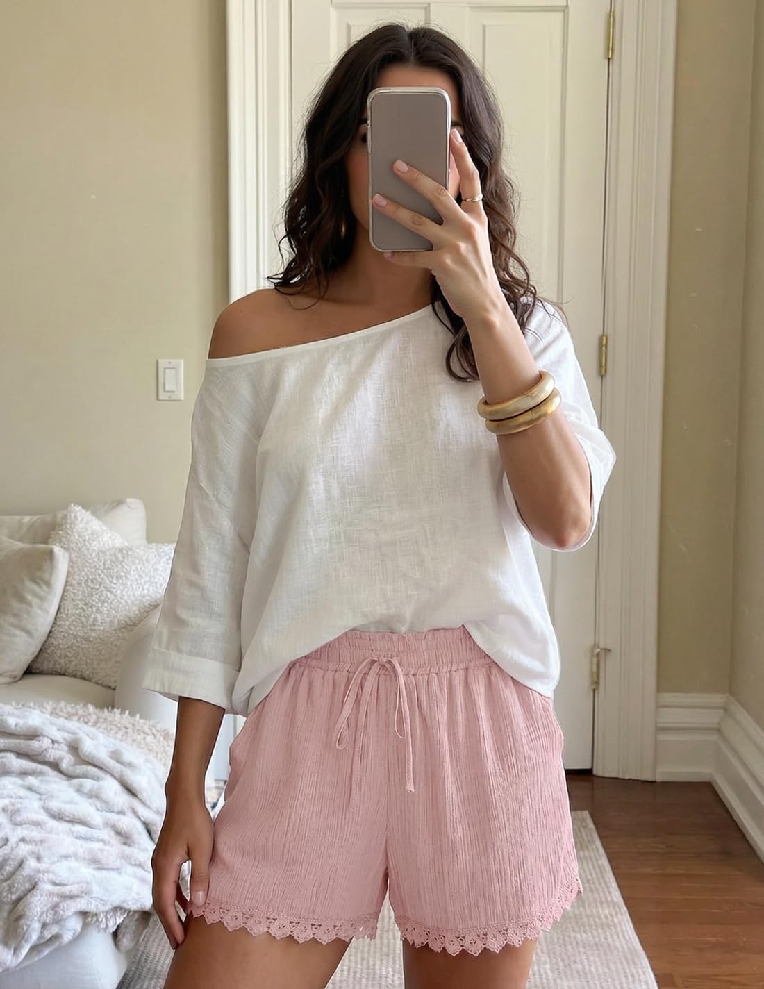 image:imageZESICA Womens Summer Beach Vacation Shorts 2026 Cute Elastic Drawstring Waist Lace Trim Wide Leg Shorts with PocketsPink