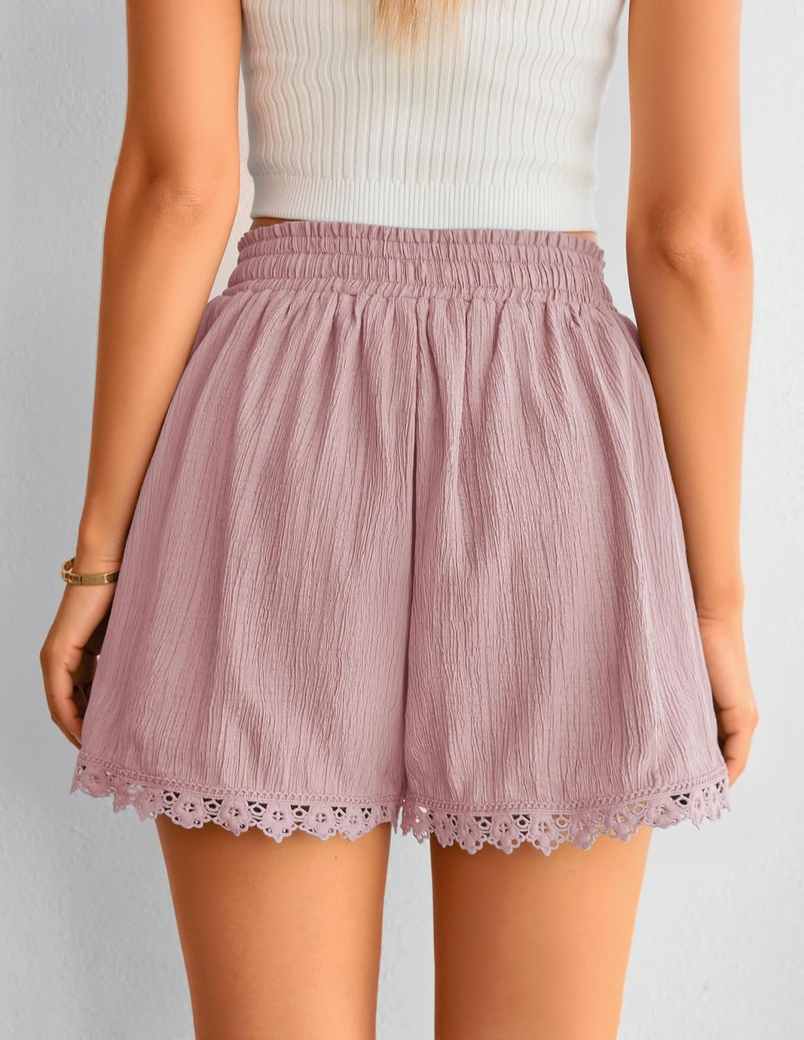 image:imageZESICA Womens Summer Beach Vacation Shorts 2026 Cute Elastic Drawstring Waist Lace Trim Wide Leg Shorts with PocketsPink
