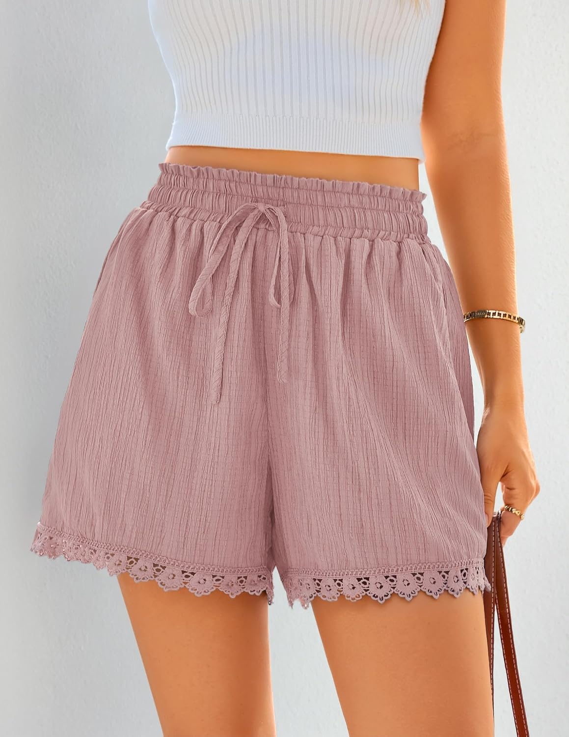 image:imageZESICA Womens Summer Beach Vacation Shorts 2026 Cute Elastic Drawstring Waist Lace Trim Wide Leg Shorts with PocketsPink