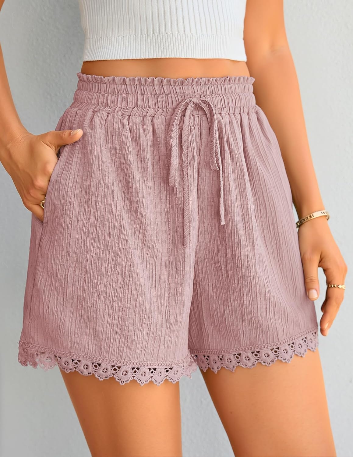 image:imageZESICA Womens Summer Beach Vacation Shorts 2026 Cute Elastic Drawstring Waist Lace Trim Wide Leg Shorts with PocketsPink