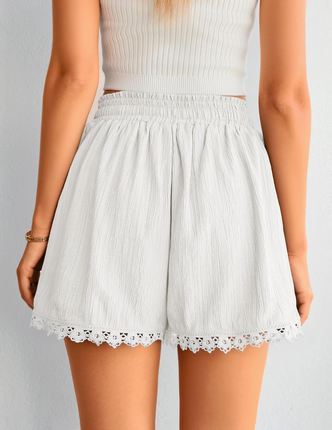 image:imageZESICA Womens Summer Beach Vacation Shorts 2026 Cute Elastic Drawstring Waist Lace Trim Wide Leg Shorts with PocketsWhite