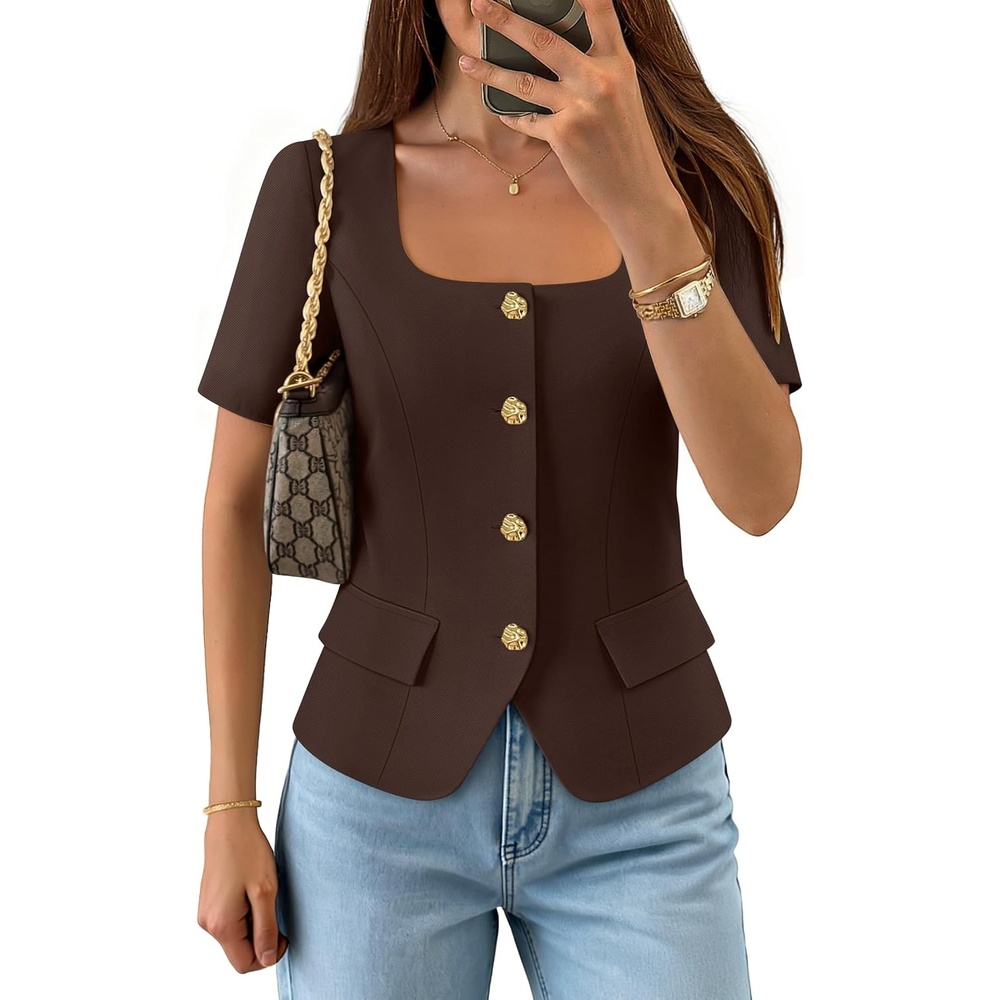 image:imageZESICA Womens Trendy Vests Top 2026 Spring Summer Square Neck Short Sleeve Blazer Button Down Crop Casual Work BlouseCoffee