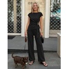 ZESICA Women’s 2026 Summer 2 Piece Outfit Sets Casual Short Sleeve Knit Belted Tops and Wide Leg Pants Work Office Clothes(Dim)