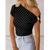 ZESICA Women’s 2026 Summer Off Shoulder Tops Going Out Sexy Y2k Shirts Spring Cap Sleeve Ruched Asymmetrical Blouses(Black Polka Dot)