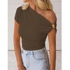 ZESICA Women’s 2026 Summer Off Shoulder Tops Going Out Sexy Y2k Shirts Spring Cap Sleeve Ruched Asymmetrical Blouses(Coffee)