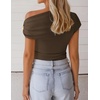 ZESICA Women’s 2026 Summer Off Shoulder Tops Going Out Sexy Y2k Shirts Spring Cap Sleeve Ruched Asymmetrical Blouses(Coffee)