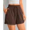 ZESICA Women’s Summer Beach Vacation Shorts 2026 Cute Elastic Drawstring Waist Lace Trim Wide Leg Shorts with Pockets(Brown)