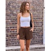 ZESICA Women’s Summer Beach Vacation Shorts 2026 Cute Elastic Drawstring Waist Lace Trim Wide Leg Shorts with Pockets(Brown)