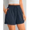 ZESICA Women’s Summer Beach Vacation Shorts 2026 Cute Elastic Drawstring Waist Lace Trim Wide Leg Shorts with Pockets(Navy)