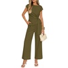 ZESICA Women’s 2026 Summer 2 Piece Outfit Sets Casual Short Sleeve Knit Belted Tops and Wide Leg Pants Work Office Clothes(Armygreen)