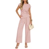 ZESICA Women’s 2026 Summer 2 Piece Outfit Sets Casual Short Sleeve Knit Belted Tops and Wide Leg Pants Work Office Clothes(Dustypink)