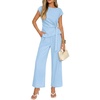 ZESICA Women’s 2026 Summer 2 Piece Outfit Sets Casual Short Sleeve Knit Belted Tops and Wide Leg Pants Work Office Clothes(Sky)