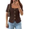 ZESICA Women’s Trendy Vests Top 2026 Spring Summer Square Neck Short Sleeve Blazer Button Down Crop Casual Work Blouse(Coffee)