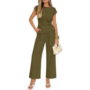 ZESICA Women’s 2026 Summer 2 Piece Outfit Sets Casual Short Sleeve Knit Belted Tops and Wide Leg Pants Work Office Clothes(Armygreen)