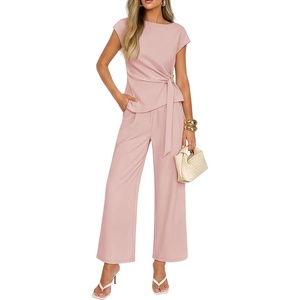 ZESICA Women’s 2026 Summer 2 Piece Outfit Sets Casual Short Sleeve Knit Belted Tops and Wide Leg Pants Work Office Clothes(Dustypink)