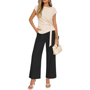 ZESICA Women’s 2026 Summer 2 Piece Outfit Sets Casual Short Sleeve Knit Belted Tops and Wide Leg Pants Work Office Clothes(Sand)