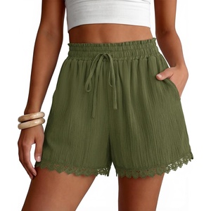 ZESICA Women’s Summer Beach Vacation Shorts 2026 Cute Elastic Drawstring Waist Lace Trim Wide Leg Shorts with Pockets(Army Green)