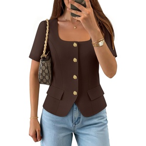 ZESICA Women’s Trendy Vests Top 2026 Spring Summer Square Neck Short Sleeve Blazer Button Down Crop Casual Work Blouse(Coffee)
